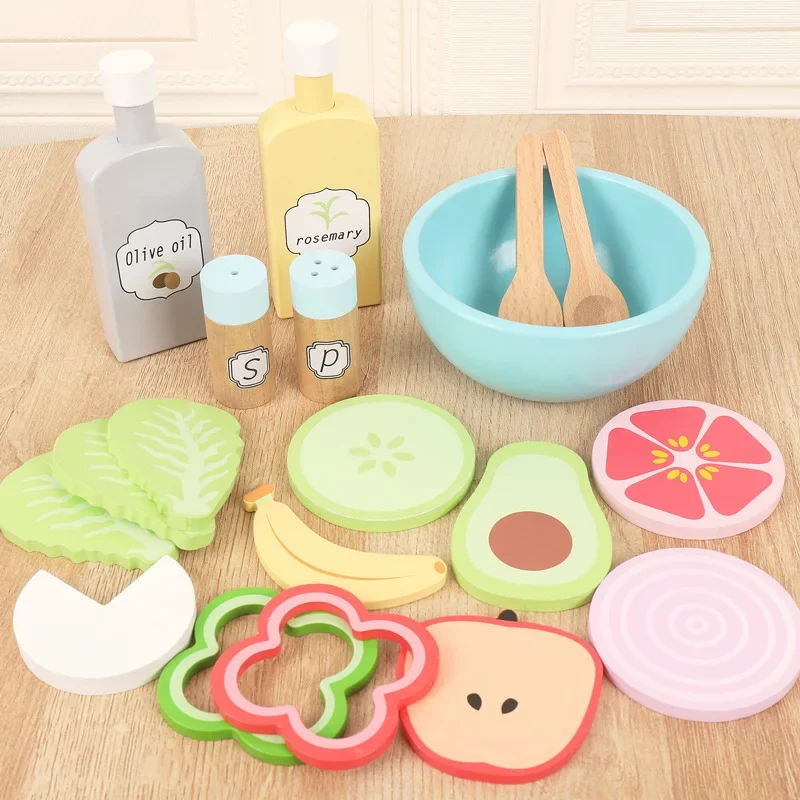 Kitchen Toy High quality pretend play kids simulation wooden food salad set creative wooden fruit toy Early education Play House
