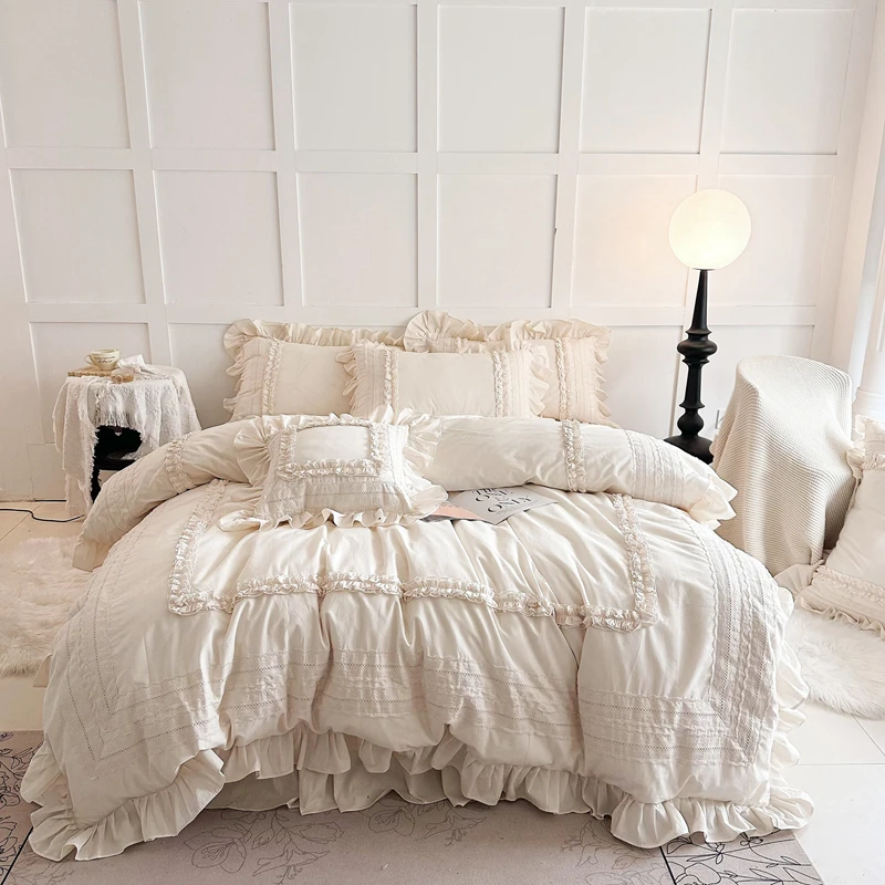 100% Cotton Bedding Set French Vintage Lace Ruffles Duvet Cover Bed Skirt Pillowcases Farmhouse Bed Linen for Queen King Size