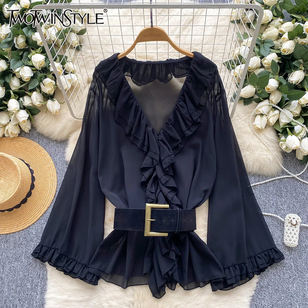 

TWOTWINSTYLE Solid Slimming Folds Elegant Blouses For Women Deep V Neck Long Sleeve Spring Designer Blouse Female New KBLB542536