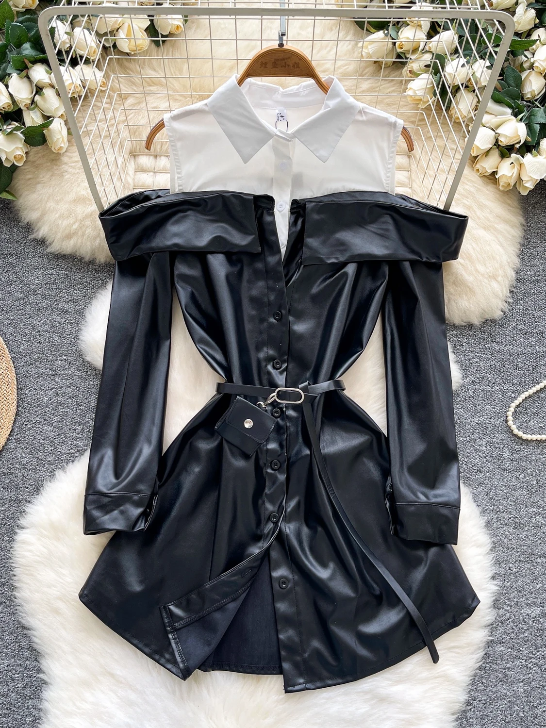 Długa spódnica damska z PU skóry, z wysokim stanem, w kształcie litery A, elegancka, do pracy, w stylu koreańskim, z paskiem, kopertowa.