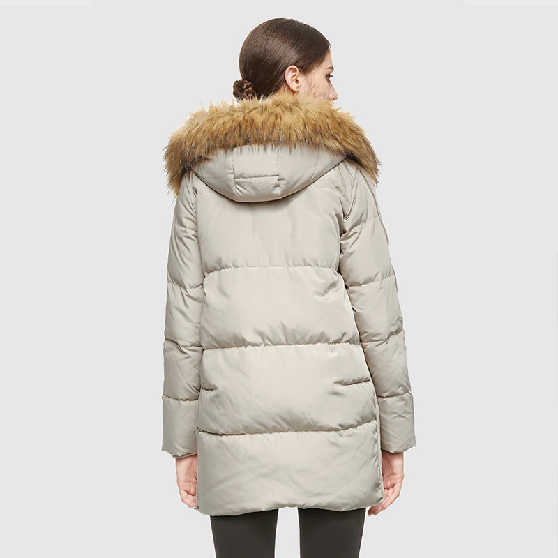 Orolay Women's Thickened Mid-Length Down Jacket with Removable Fur Hood Large Pockets