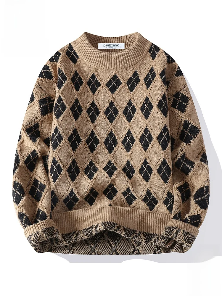 

PaulFrank Large-Mouth Monkey Diamond Plaid Knitwear Men's Loose Warm Spring Autumn Japanese Sle Retro Knitted Sweater