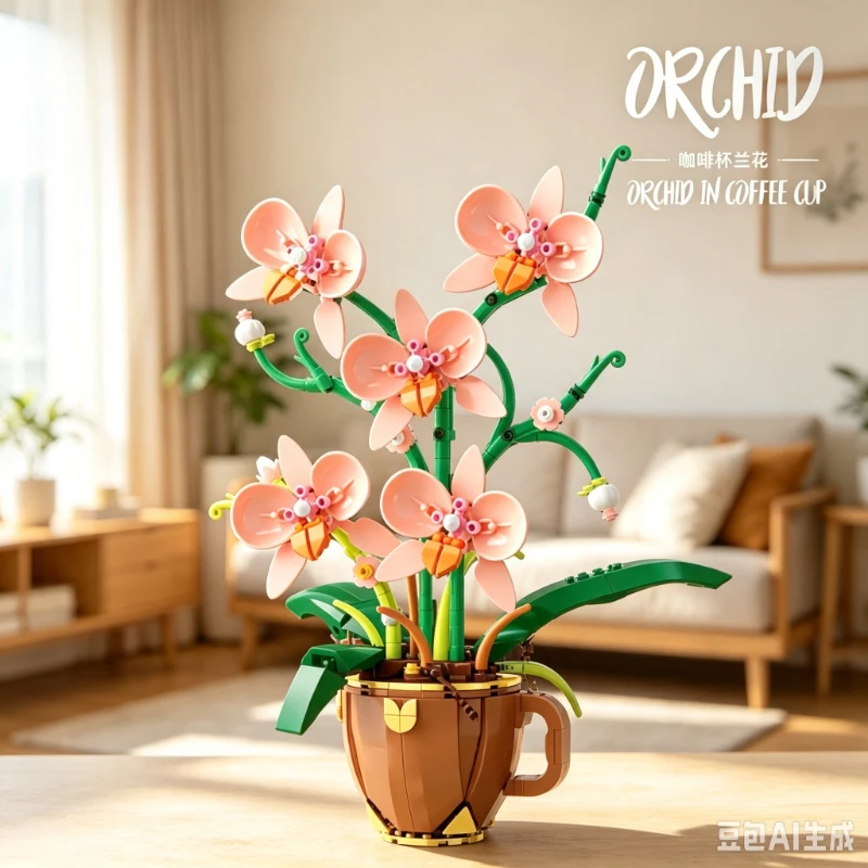 Coffee Cup Phalaenopsis Bouquet Building Blocks, Potted Flower Decor Model, Desktop Collectible OrnamentHobby Decoration Present