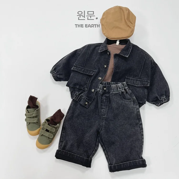 Childrens Boys Denim Jacket Autumn New Korean Solid Color Toddler Boys Cardigan Jacket Retro Pocket Kids Baby Boys Jacket