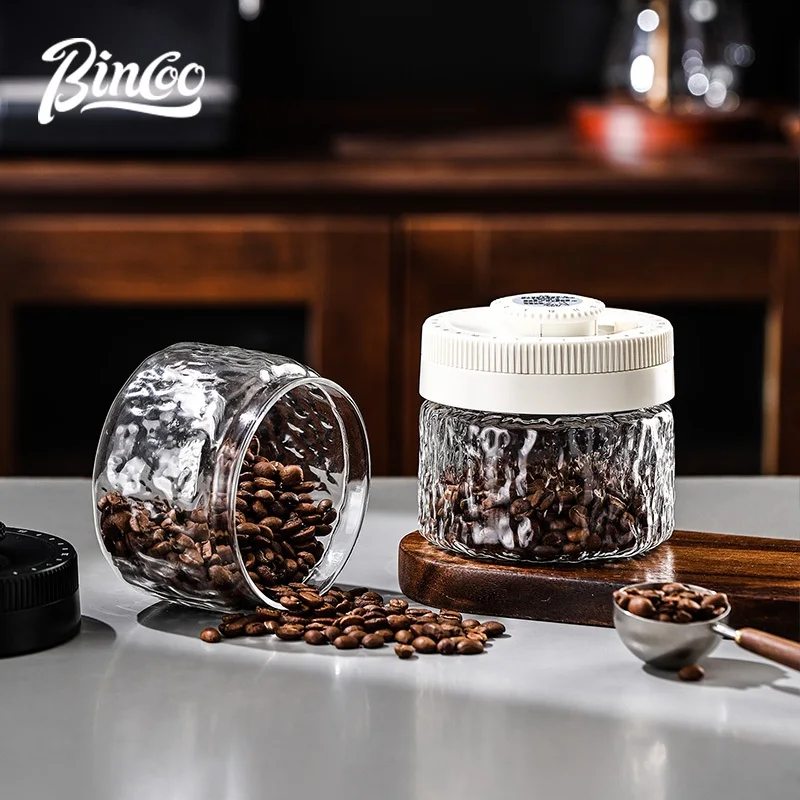 BINCOO Sealed Coffee Storage Jar Press‑to‑Vacuum Glass Airtight Container for Home Use Moisture‑proof with Date Tracker 400ML