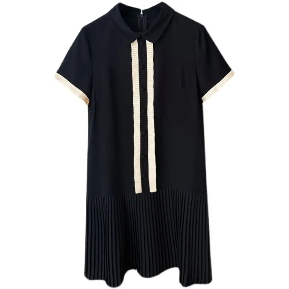 Black Dress Women\'s Summer 2023 New Fashion Loose Collar Short Sleeve Straight Tube Dress Ruffled Mid Length Dress