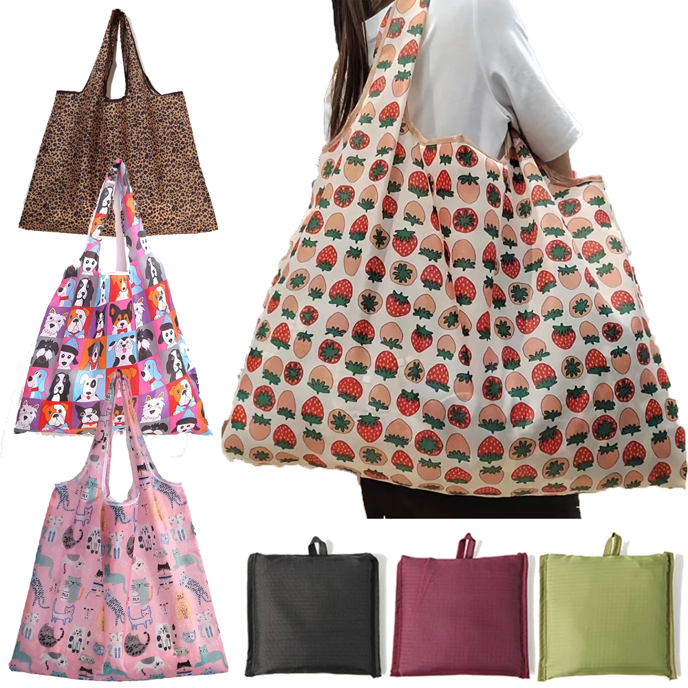 1Pc Large Foldable Shopping Bag, Cute Cartoon Print Pattern Tote Bag, Supermarket, Grocery Portable Storage Tote Bag, Large Stor