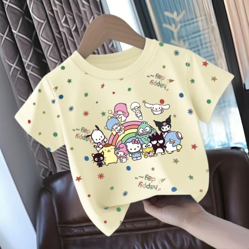 New Sanrio Anime Kawaii My Melody Kuromi 코튼 반소매 셔츠 귀여운 베이비 Cinnamoroll 프린트 까마귀 탑 선물 어린이를위한
