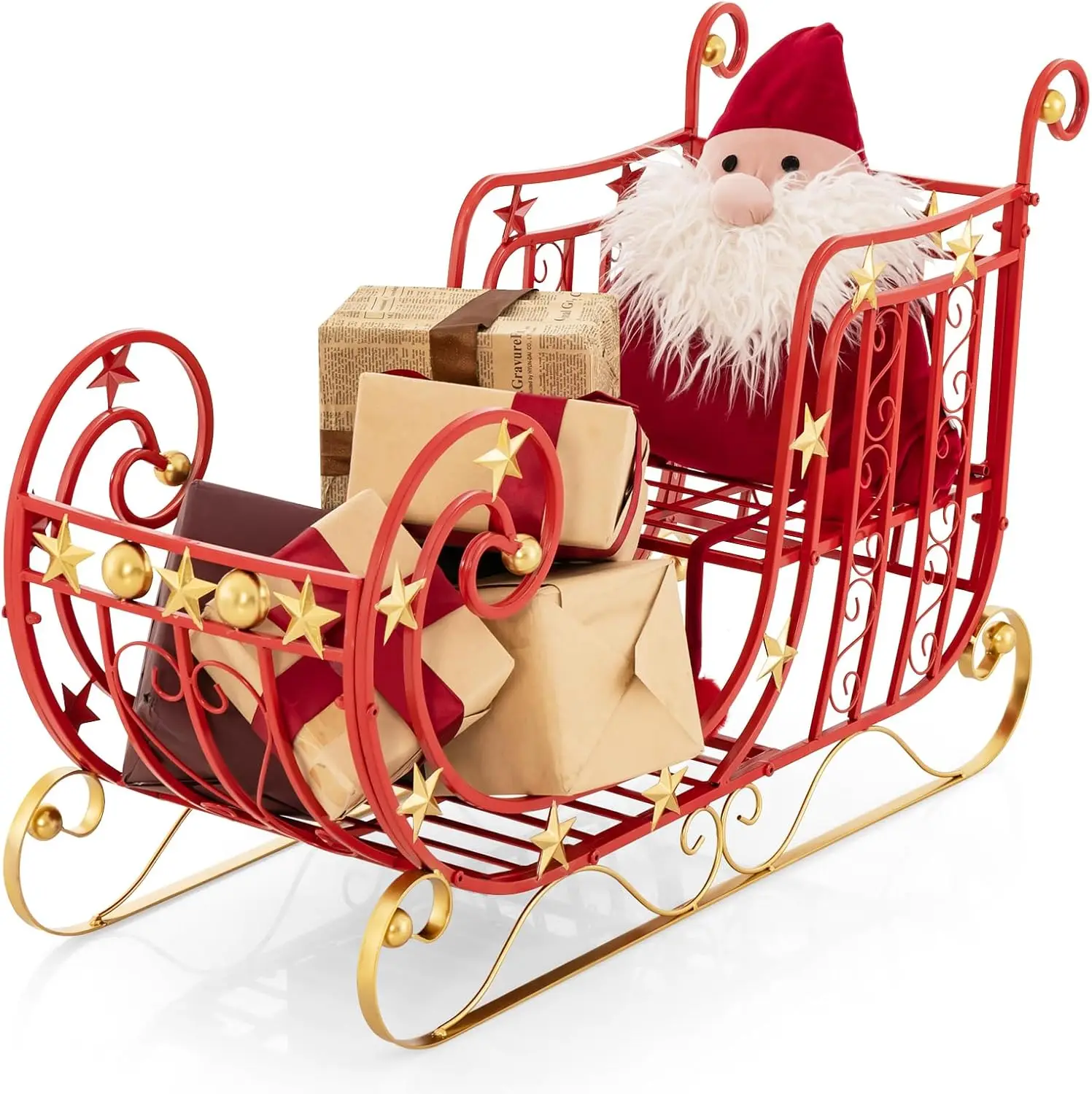 

Christmas Santa Sleigh with Large Cargo Area for Gifts, Xmas Decor with Golden Stars & Elegant Scrollwork for Home Office