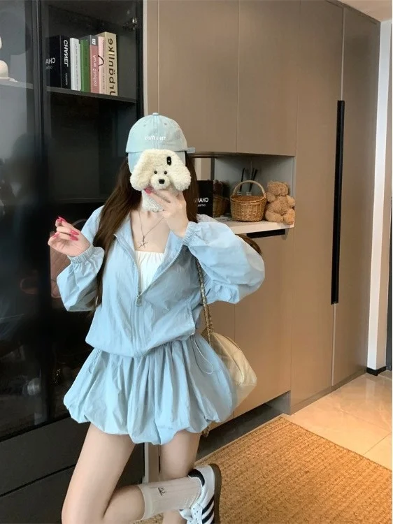 Faionable Cappotto estivo casual con cerniera e gonna a bocciolo di fiori Set da due pezzi per donna Sottile Sle Pendolarismo Sle Lungo Sve