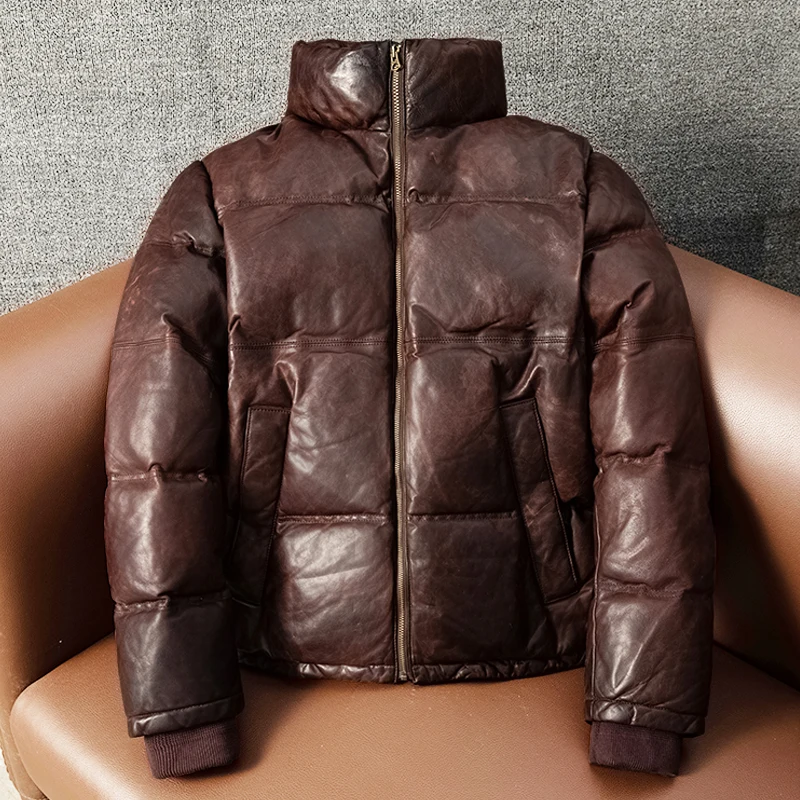

Мужская зимняя модная куртка с воротником-стойкой, повседневная кожаная куртка, прочная верхняя одежда из овчины, теплая куртка на молнии с длинными рукавами