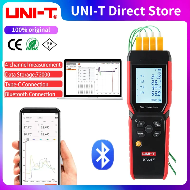 UNI-T UT325F 4 Channels Thermometer for K J T E R S N Type Thermocouples Digital Temperature with Data Storage Analysis Software