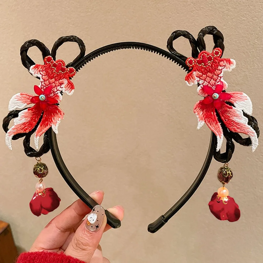 

Flower Children Wig Headband Braid Hair Tang Suit Hair Hoop Hanfu Hair Sticks Girl Hair Accessories Red Bow Hairband Baby