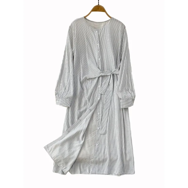 SuperAen Camisa larga holgada de estilo coreano con cuello redondo y rayas de gran tamaño, vestido de un solo pecho con cintura con cordones de diseño informal de otoño