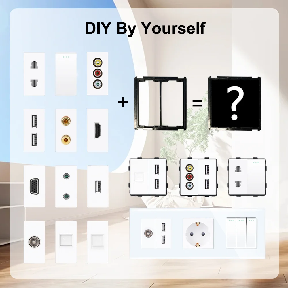 Tomada de Parede TAWOIA com Painel de Vidro Branco, Tipo-C USB, TV, SAT, CAT5, RJ45, HDMI, Interruptor de Botão de 1/2 Vias, Peças de Tomada Modular