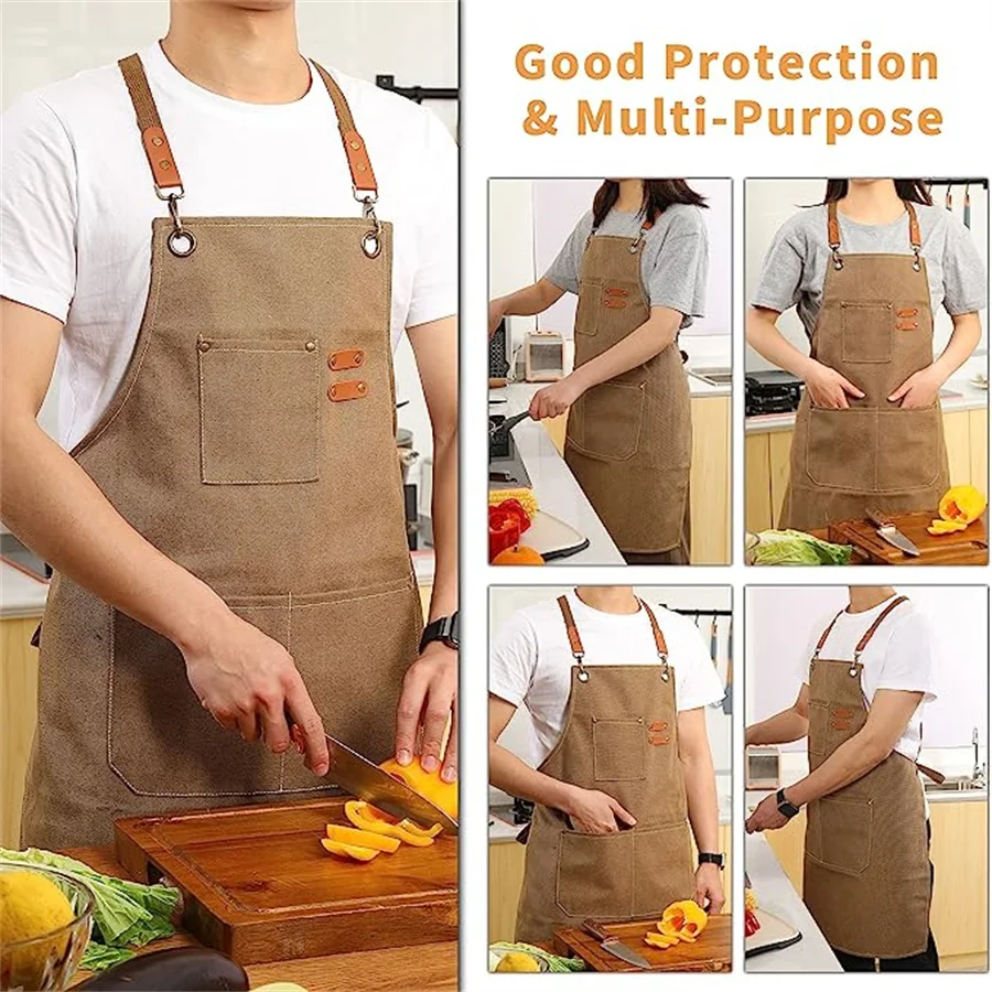 Adjustable Canvas Kitchen Apron with Large Pockets for Cooking and Baking - Perfect Chef Bib Apron for Home and Professional Use