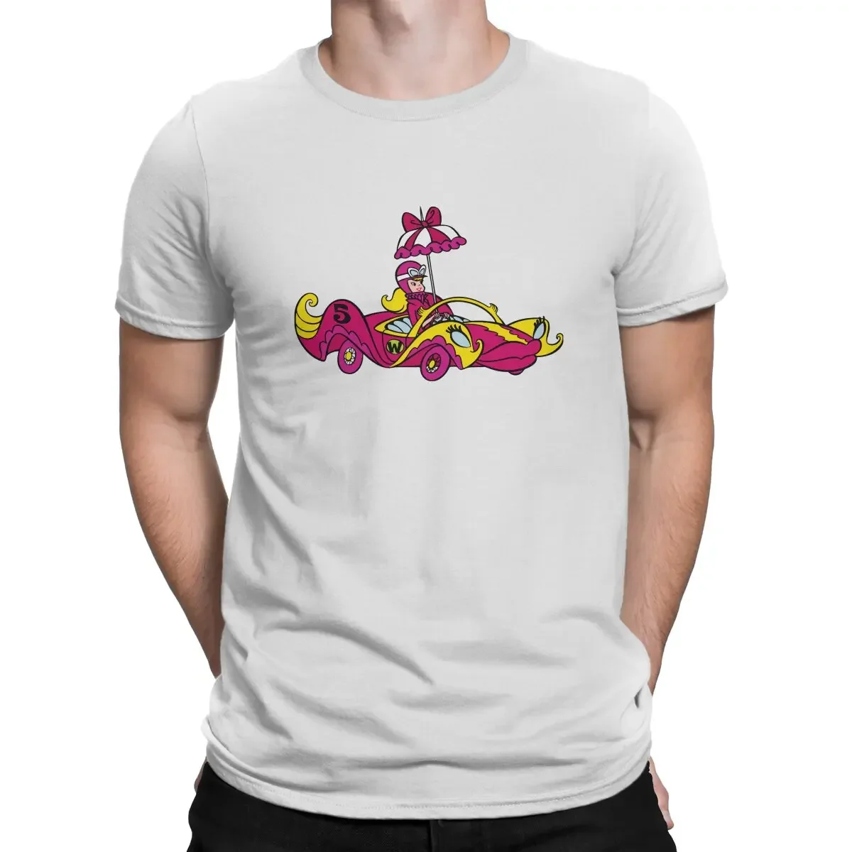 Wacky Races 60s Cartoon Pink Car Tshirt Homme Men's Tees Blusas Polyester T Shirt For Men