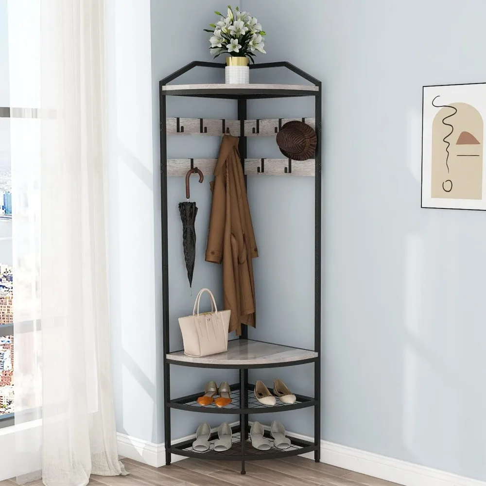 

Grey Corner Hall Tree with Shoe Bench Entryway Coat Rack with 10 Metal Movable Hooks Rustic Farmhouse Floorstanding Cloth