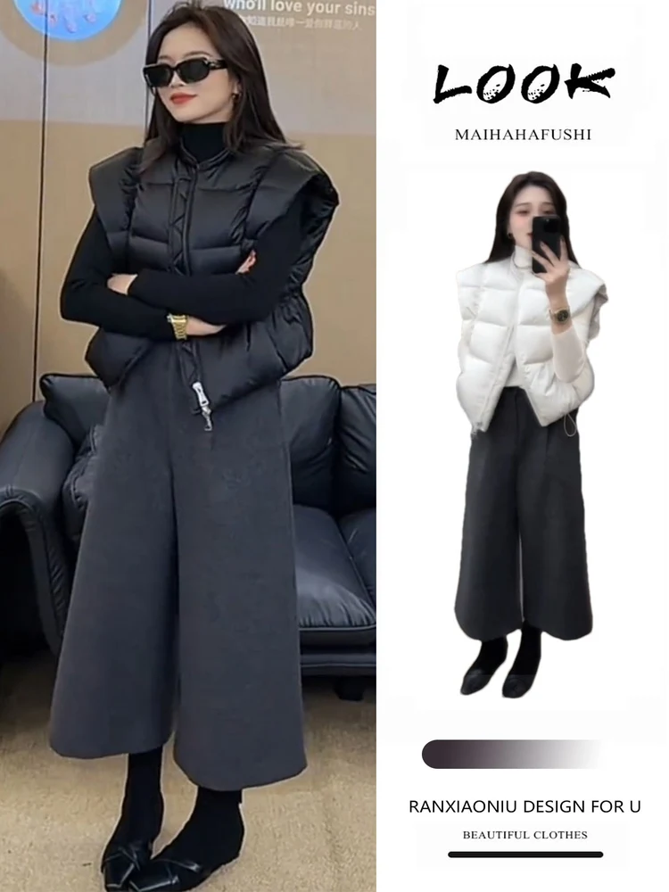 

Stunning Winter Faion Women's High Ne Long Sve Cotton down Jaet Wide Leg Pants Set Tee Piece Casual Sle Autumn W...