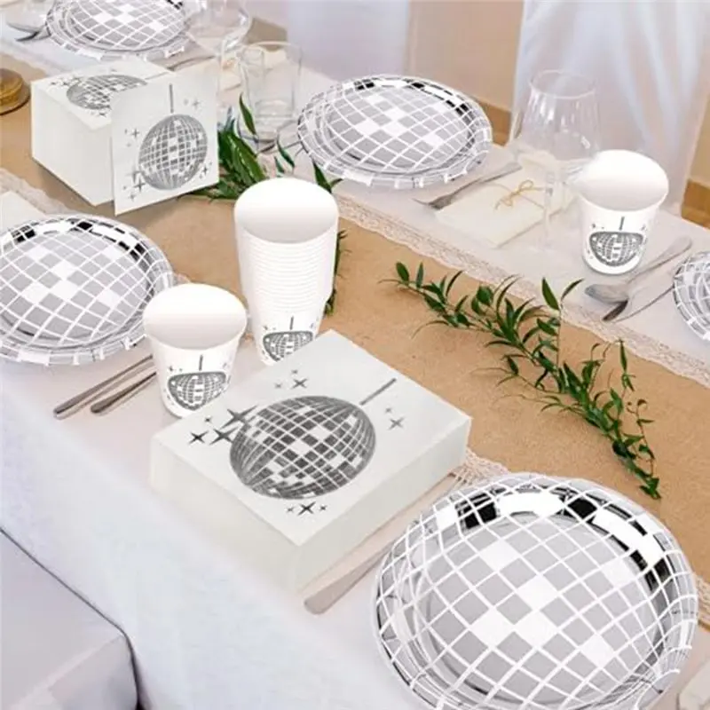 ABJI-Disco Party Supplies Tableware Set Disco Ball Dinner Plate Napkin Fork Disco Birthday Rock Dance Music Party, Durable 150 P view 3