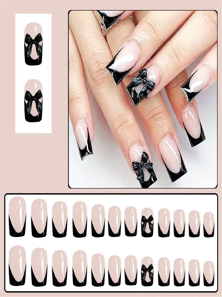 Faux ongles à pression noirs, 24 pièces, nœuds papillon, Style français, couverture complète, cercueil moyen, Y2k, doux et Cool, Style coréen