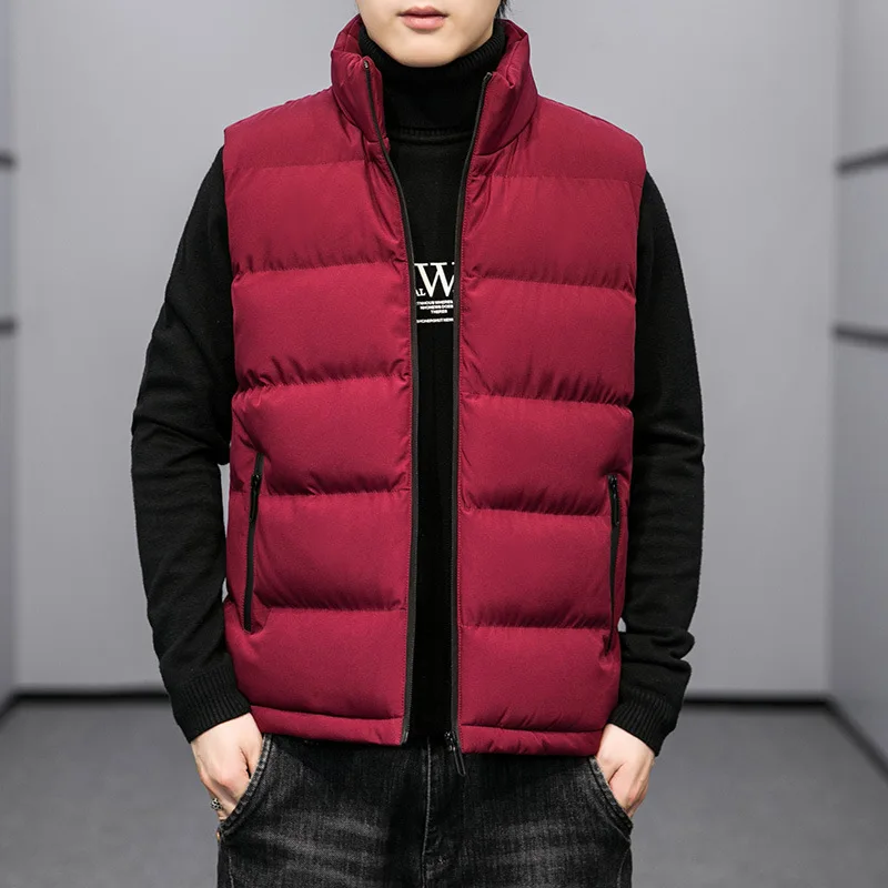 秋冬メンズスリムフィットノースリーブスタンドカラーベスト無地厚手ダウンコットンジャケットカジュアルジッパーウエストコート
