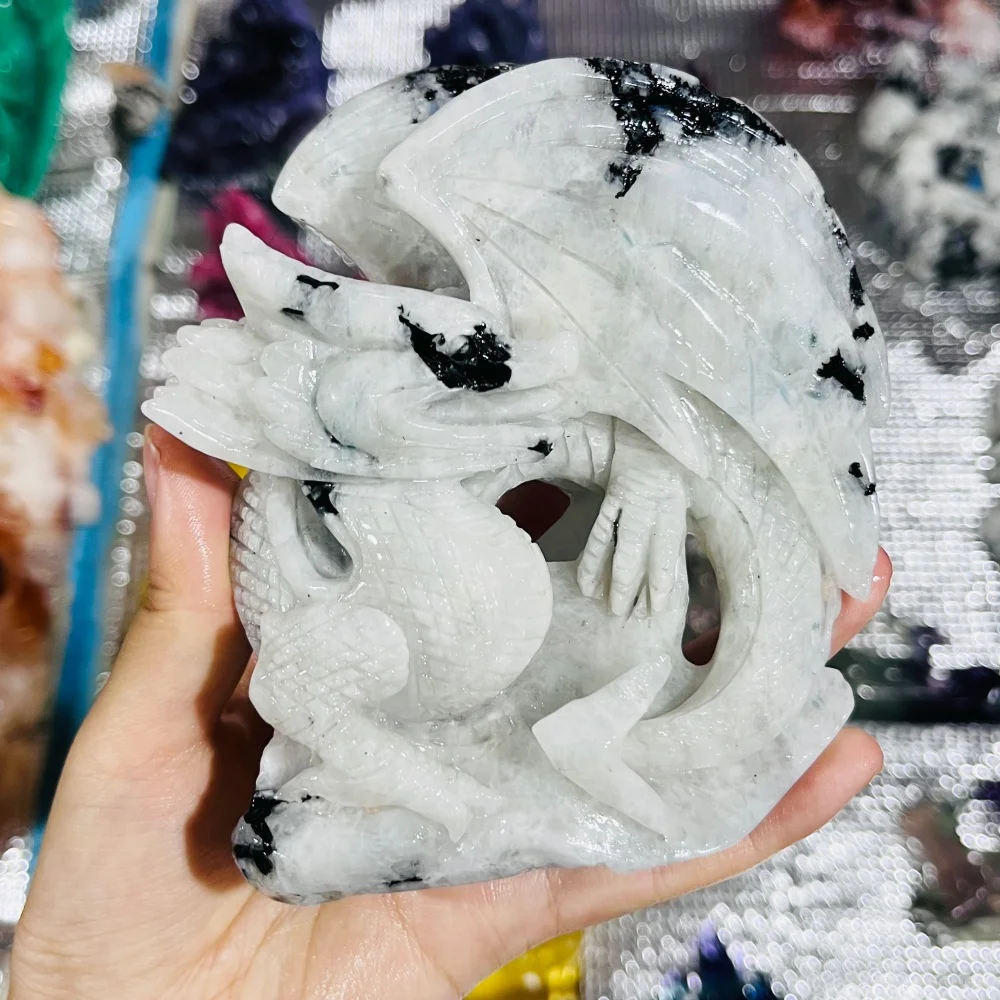 1PCS Natural Quartz Moon Stone with Cartoon Dragon Carving Feng Shui Healing Crystal Lucky Home Decor Fashion Gift