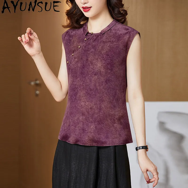 AYUNSUE 100% Real Mulberry Silk Women Shirts Xiangyunsha Chinese Style Women Tops Printed Summer Short Sleeved Clothing 2026 티셔츠
