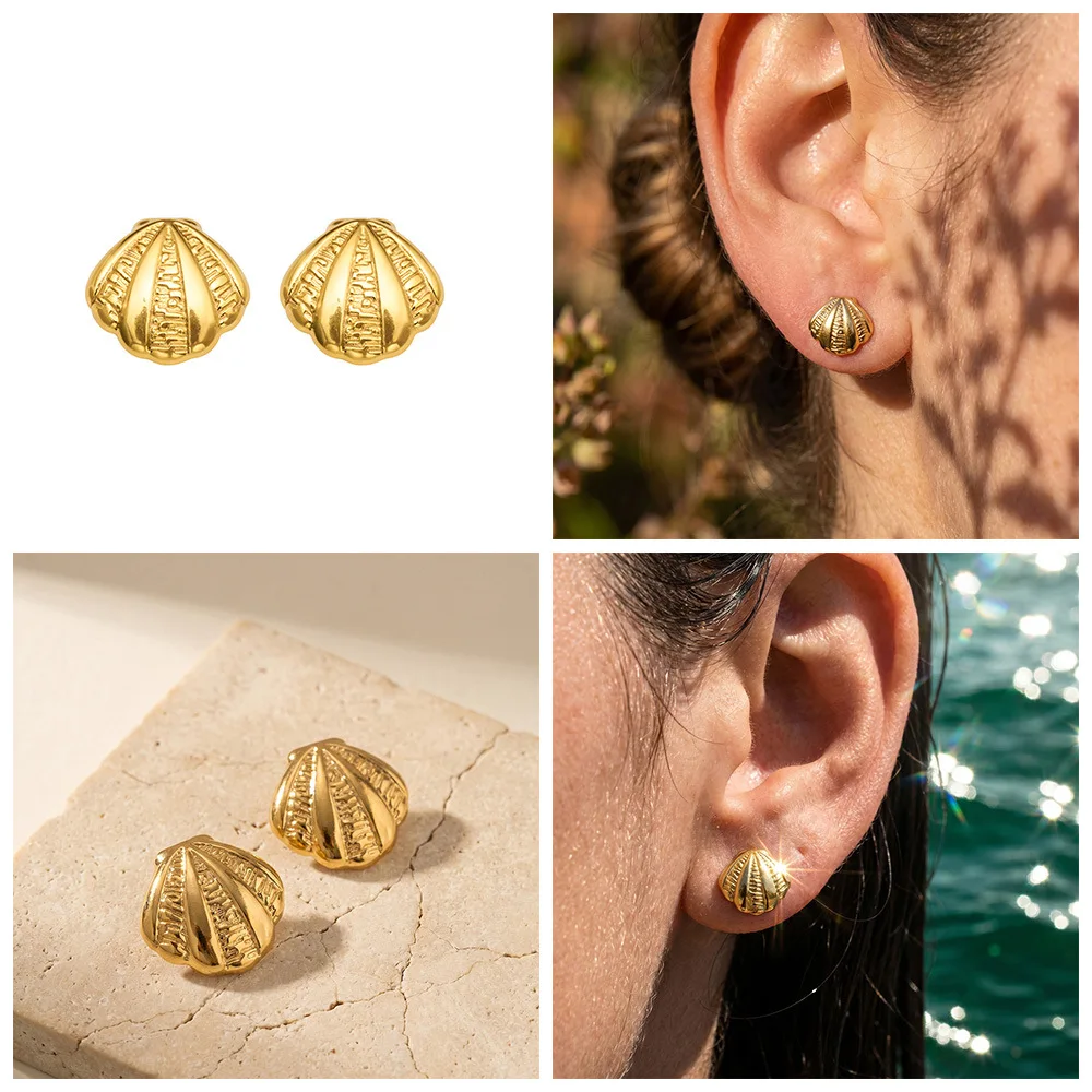 Fächerförmige Muschel-Ohrringe für Damen 316L Edelstahl 18K Vergoldet Französischer Stil Wasserfest Nicht Verblassende Ohrstecker Schmuck – Detail 1