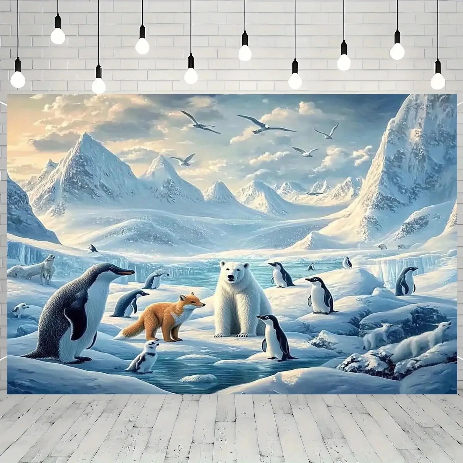 1pc Arctic Polar Bear Penguin Fox Snow Mountain 2D Flat Tapestry Backdrop For Living Room Decor Winter Animal Wall Hanging Art