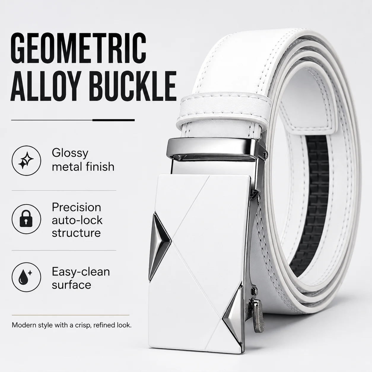 

Men's White PU Leather Belt, Automatic Geometric Metal Buckle Adjustable Versatile Accessory, Ideal for Casual Outfits Daily Use