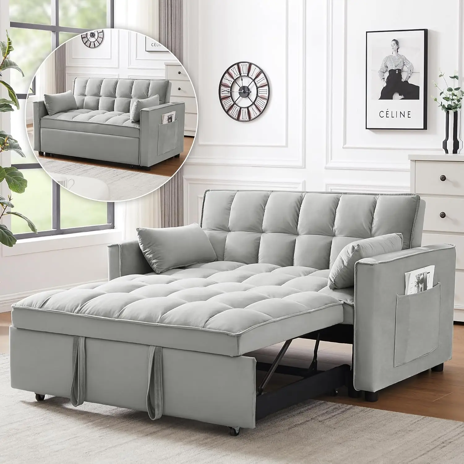 3-in-1 convertible sleeper sofa bed, living room with soft cushion with side pockets | velvet fabric | pull-out sofa (gray)