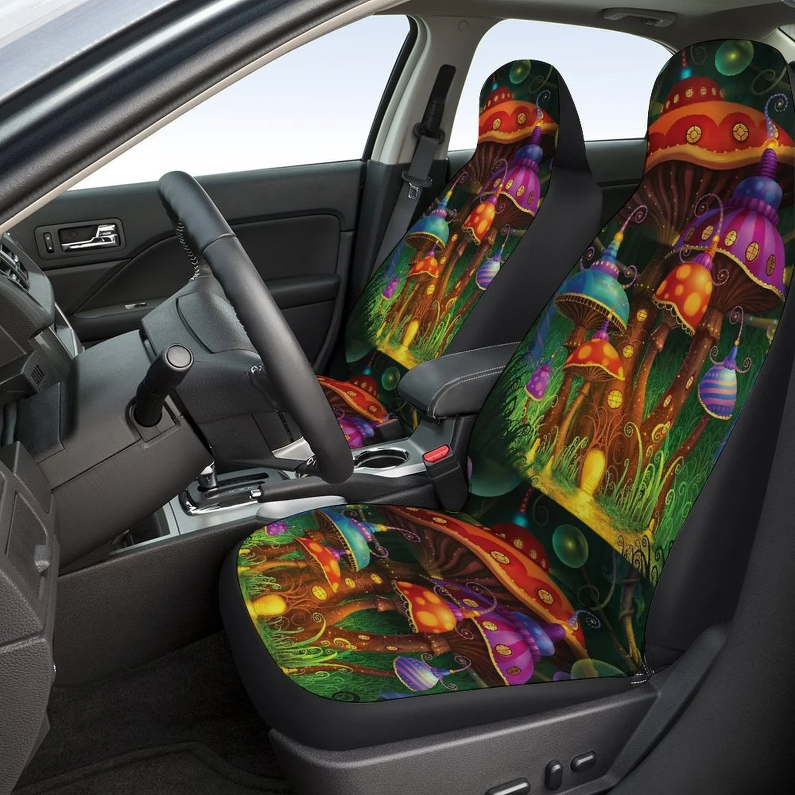 

2pcs Of Breathable And Non-Slip Car Front Covers With Colorful Mushroom Design.