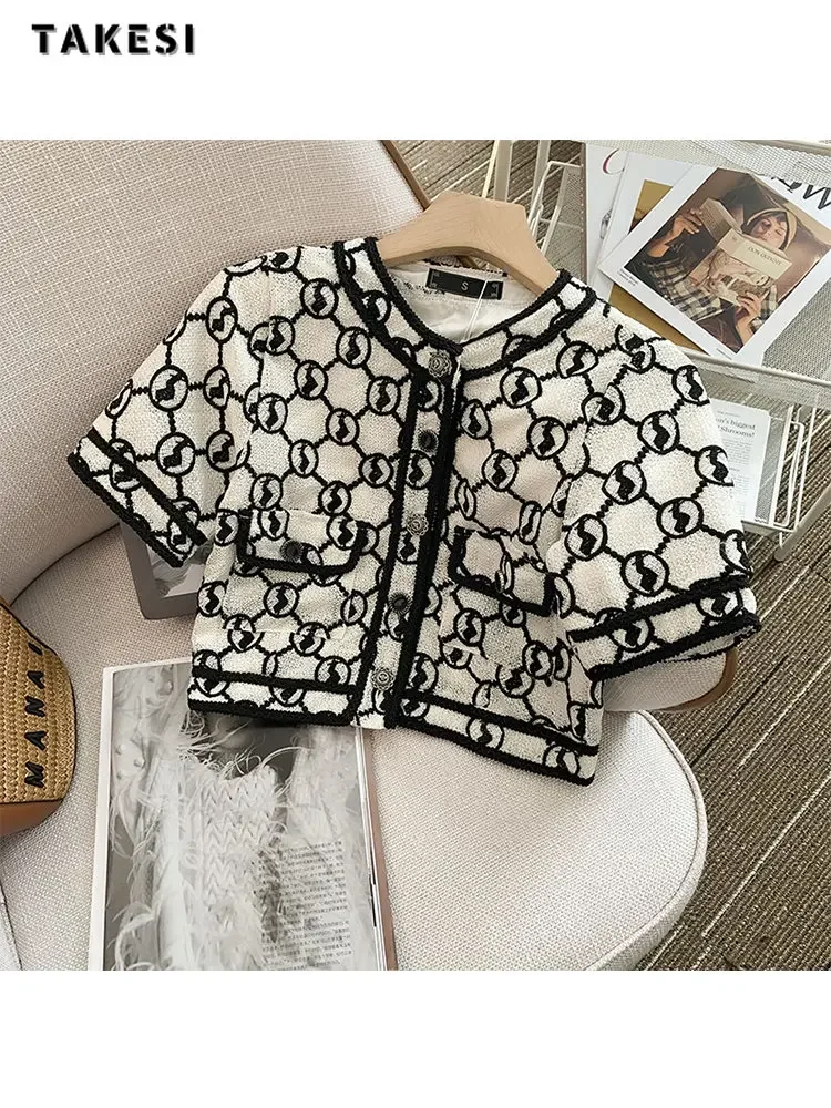 2024 Summer Causal Geometric Print Two-piece Set Women Short Sleeve Single Breasted Top + Pockets Shorts Fashion Shorts Set