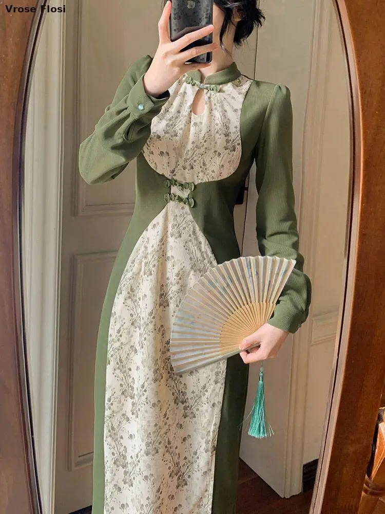 New Chinese Style Green Floral Dress 2024 Spring Long Sleeved Girl Slit Cheongsam Skirt Long Women's Chinese Style Niche Dress