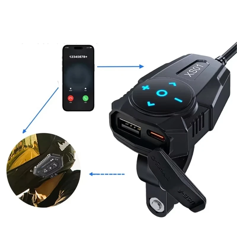 Motorcycle Handlebar USB Power Adapter with USB-A and Type-C Ports, Backlit Control Buttons, 12V-24V Input, 54W Device H9EE