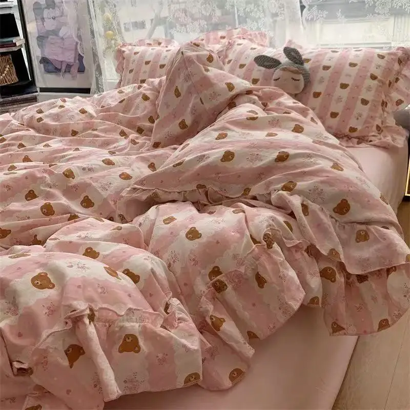 Koreanischen Stil Prinzessin Floral Bettwäsche Set Gewaschene Baumwolle Vintage Französisch Pastoralen Blumen Spitze Rüschen Bettbezug Set Kissenbezug – Detail 8