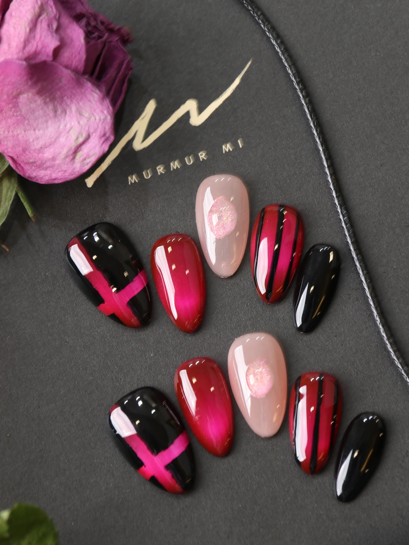10Pcs Press on Nails Short Rose Red Cat Eyes Black Fake Nails Includes 1 Sheet of Adhesive Tabs & 1 Pc Mini File