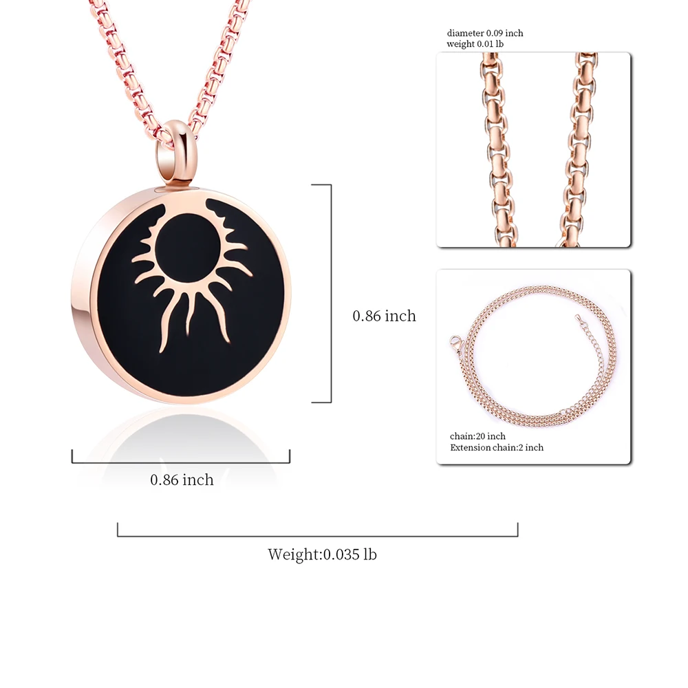 Cremation Urn Necklace For Save Human/Pet Ashes Sun Pendant Round Shape Stainless Steel Gold Durable Keepsake Jewelry