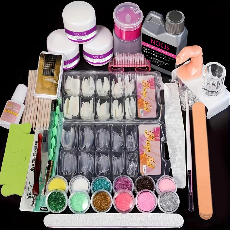 Kit de uñas acrílicas para principiantes con 12 colores de polvo acrílico brillante, que incluye blanco, transparente y rosa.