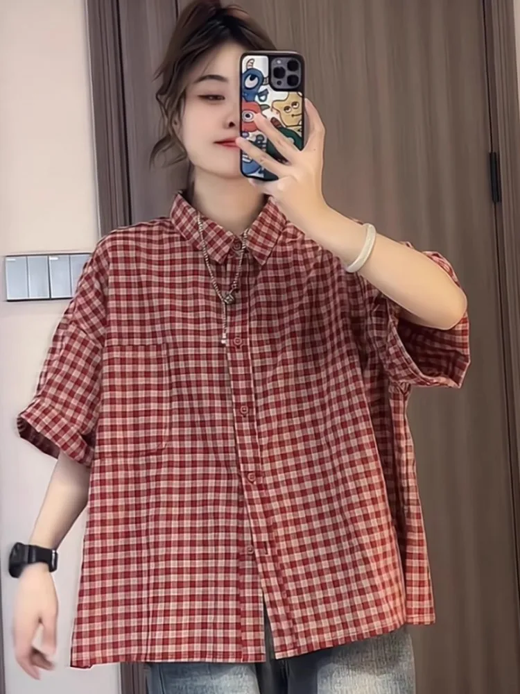 Plaid allentato ort Sve Casual irt Estate da donna New Sle College Wind Versatile per il tempo libero Top francese vintage Faionable