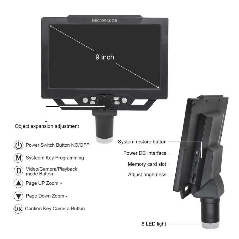 9-Inch 1600X Digital Microscope HD Display Digital Electronic Microscope for Soldering Repair with LED Dual Light Source