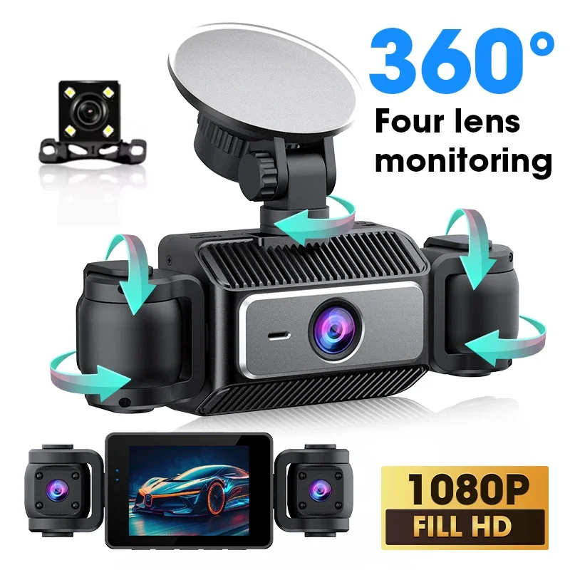 Jansite 360 Degree DashCam 3/4 Channels Video Recorder 1080P Car DVR 24H Parking Monitor Front Right Rear View Night Vision