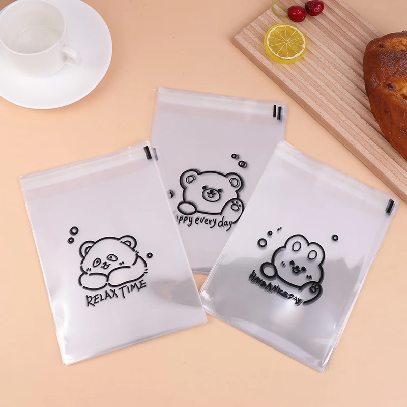 100Pcs Cute Bear Pattern Transparent Self-Sealing Bread Gift Wrap Bag Happy Everyday Blessing Printed Bags For Biscuits Cakeries