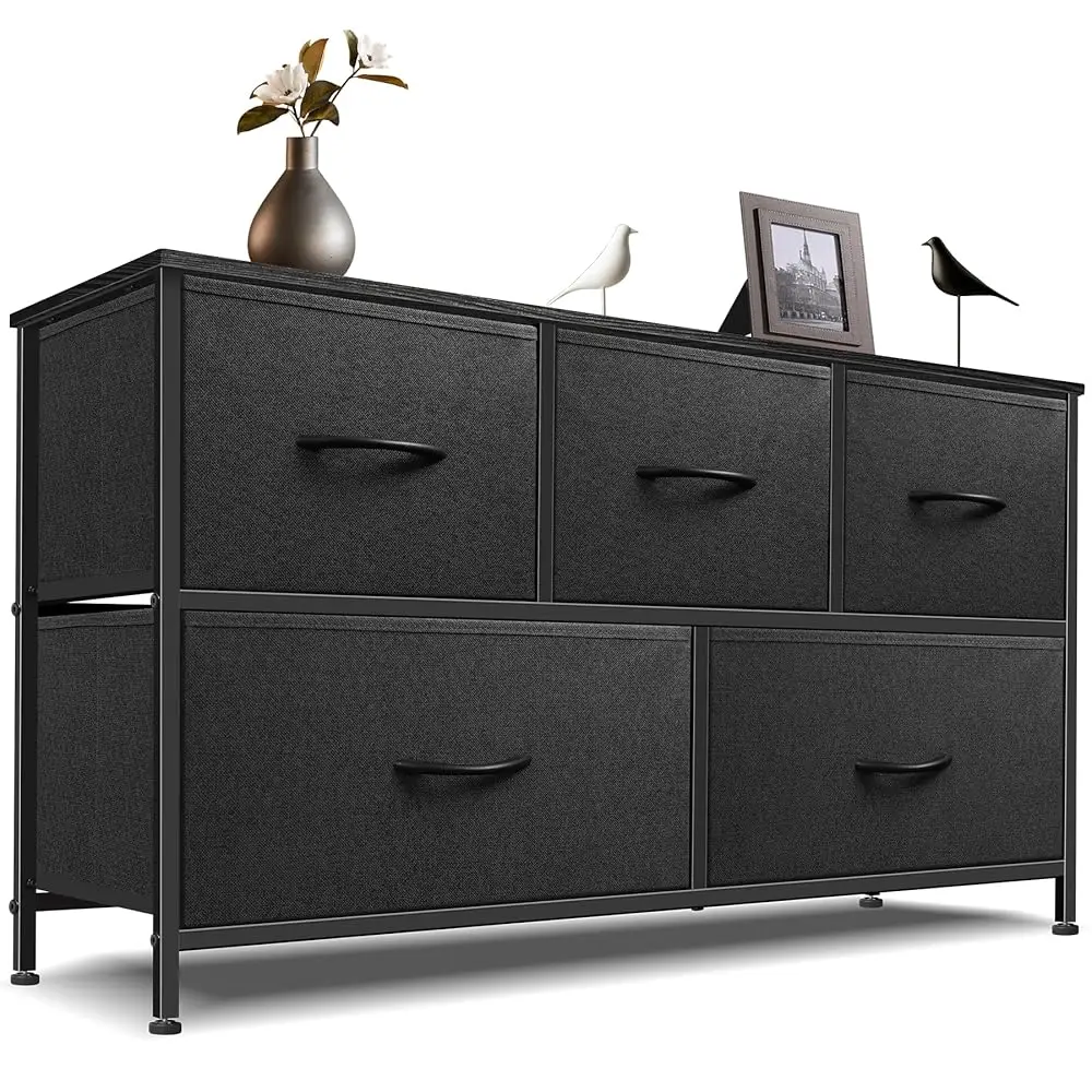 

Dresser For Bedroom With 5 Drawers, Chest Of Drawers, Storage Drawers Organizer Unit, Bla Wide Fabric Dresser With Fabric Bins