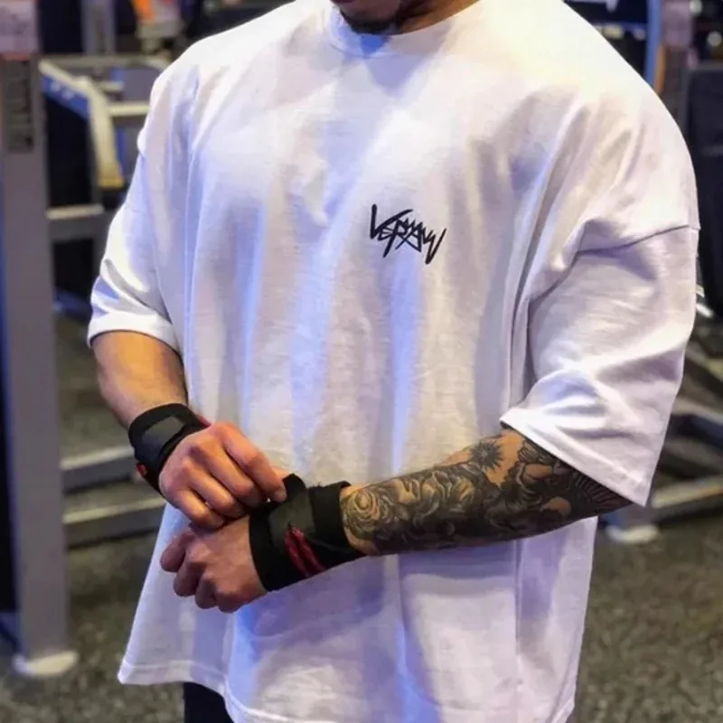 NEW Round Collar sports T Shirt Oversize Cotton Summer Tee Training running shirt Man Streetwear Half Sleeve men T-shirt image 2