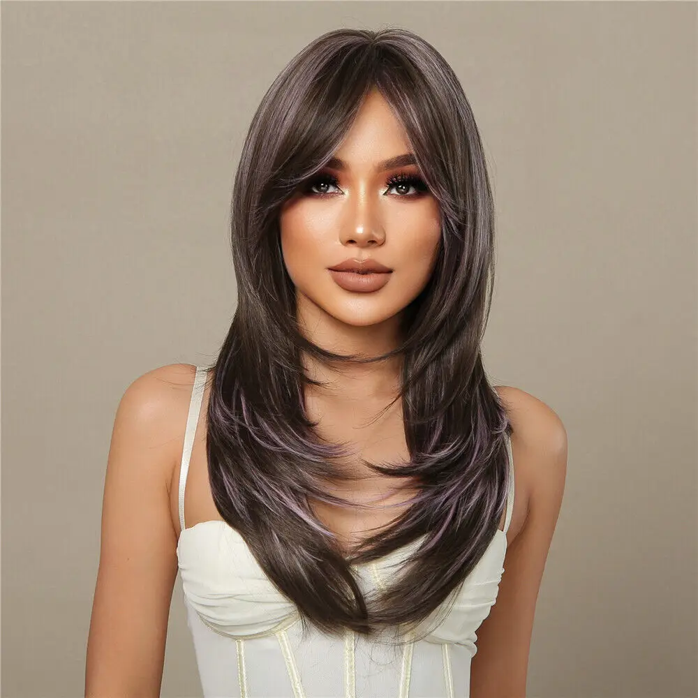 Dark Brown Mixed Purple 23 Inch Synthetic Wigs with Bangs Long Straight Wigs US