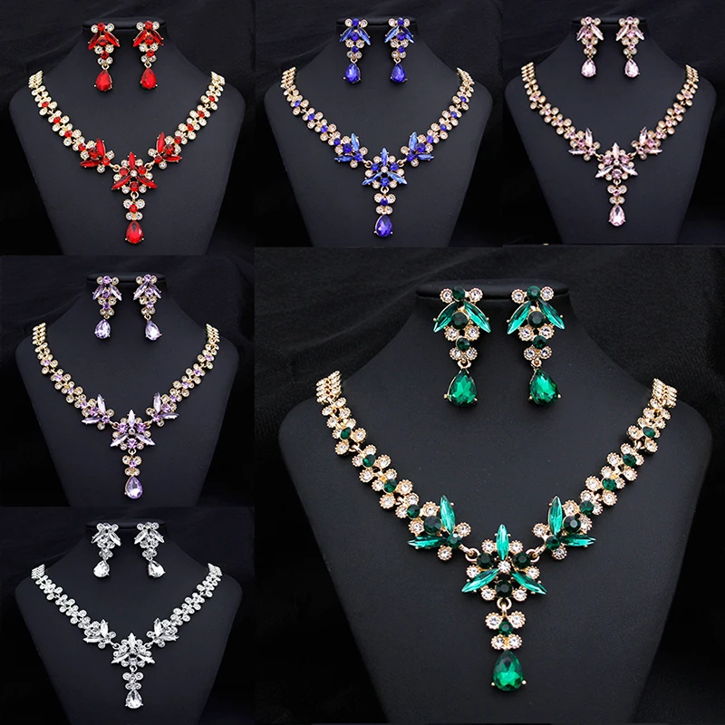 

Rhinestone Choker Necklace Earrings Sets for Women Luxury Bridal Jewelry Sets Party Prom Wedding Dress Costume Accessories