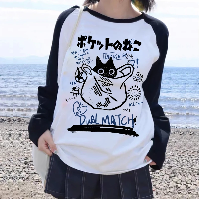 90s Y2k T-shirt Long Sleeve Funny Cute Cat Shirt Women Cartoon T Shirt  Harajuku Graphic Ulzzang Tshirt Aesthetic Top Tee Female