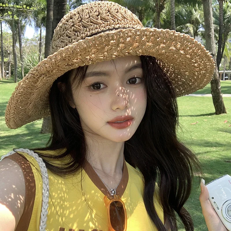 

Bow straw hat women 2025 new hollow hook flower foldable beach big brim sunscreen bucket hat women hat beach hat